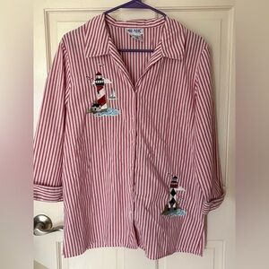 Coastal grandma nautical lighthouse button up striped top Blair medium